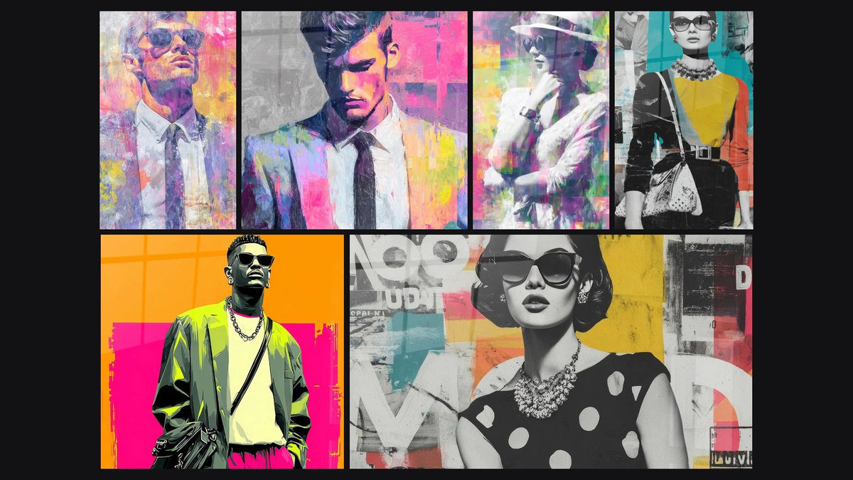 Mosaïque de six tableaux, dont Gentleman Moderne, Fashion Pop et Portrait Homme