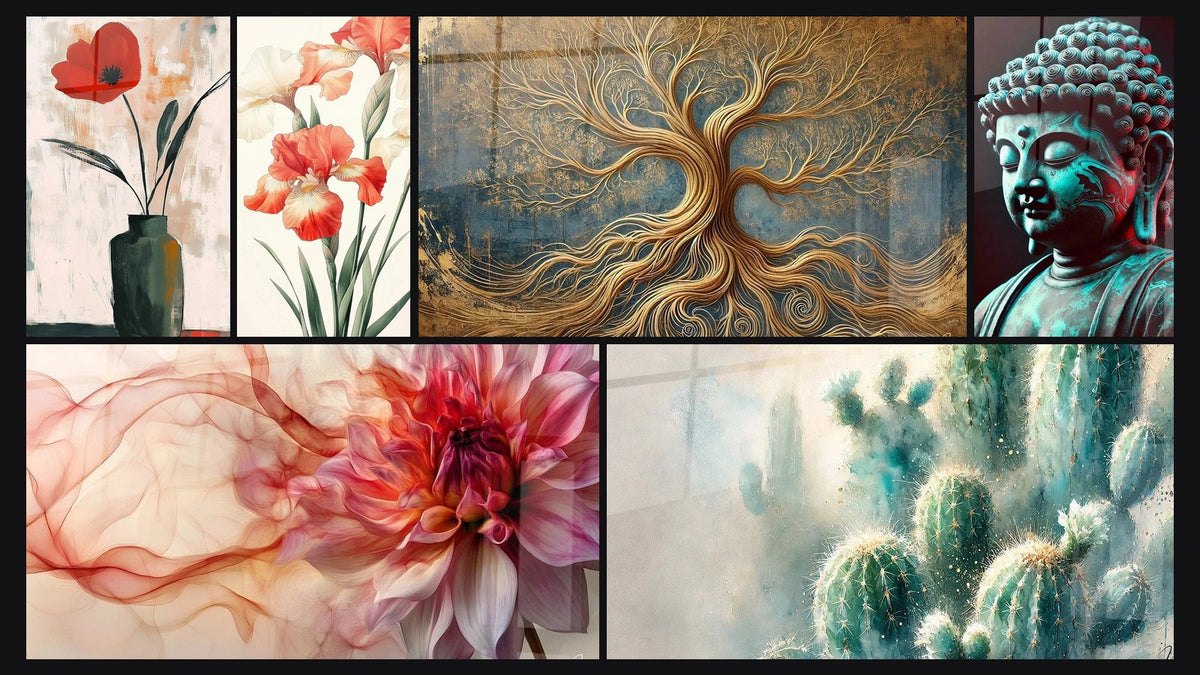 Mosaïque de six tableaux, dont Coquelicot N°3, Dahlia N°6 et Canna N°2
