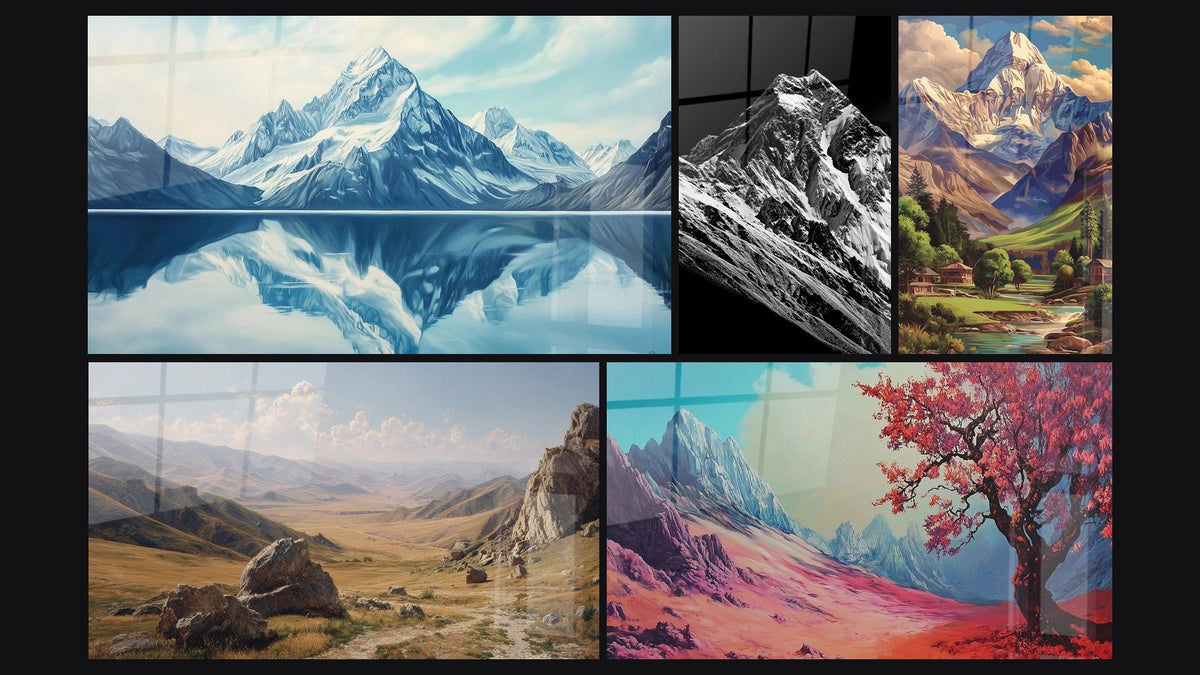 Mosaïque de cinq tableaux, dont Cimes Jumelles, Sommet Enneigé et Vallée alpine avec chalet