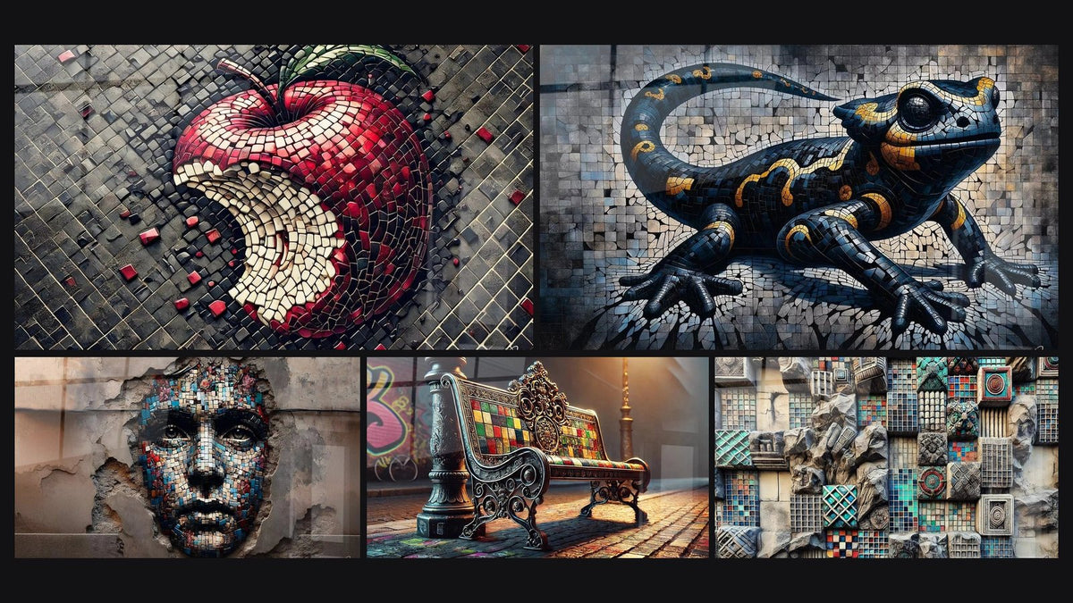 Mosaico di cinque quadri, tra cui Il Marchio del Peccato, Viaggiatore delle Pietre e Volto della Resilienza
