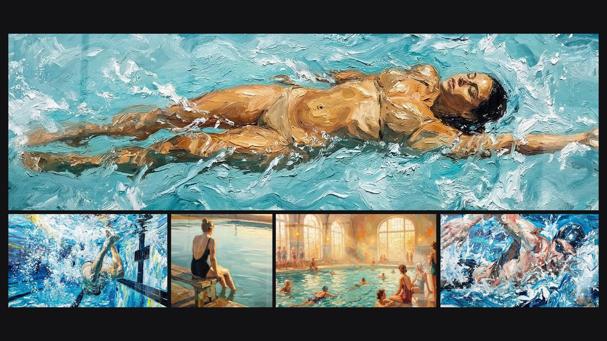 Mosaïque de cinq tableaux, dont Nageur en Mouvement, Nageur Plongée Synchronisée et Femme au Bord de l'Eau