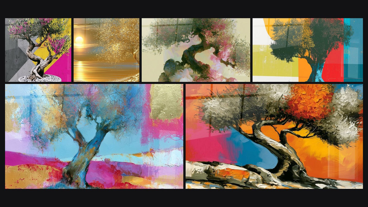 Mosaïque de six tableaux, dont Olivier doré au bord d'une mer bleutée et Olivier tordu aux fleurs roses