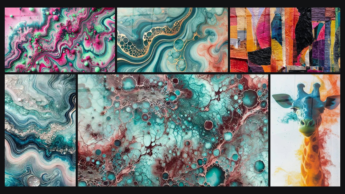 Mosaïque de six tableaux, dont Éclosion Psychédélique, Écume Enchantée et Essence de Grenat