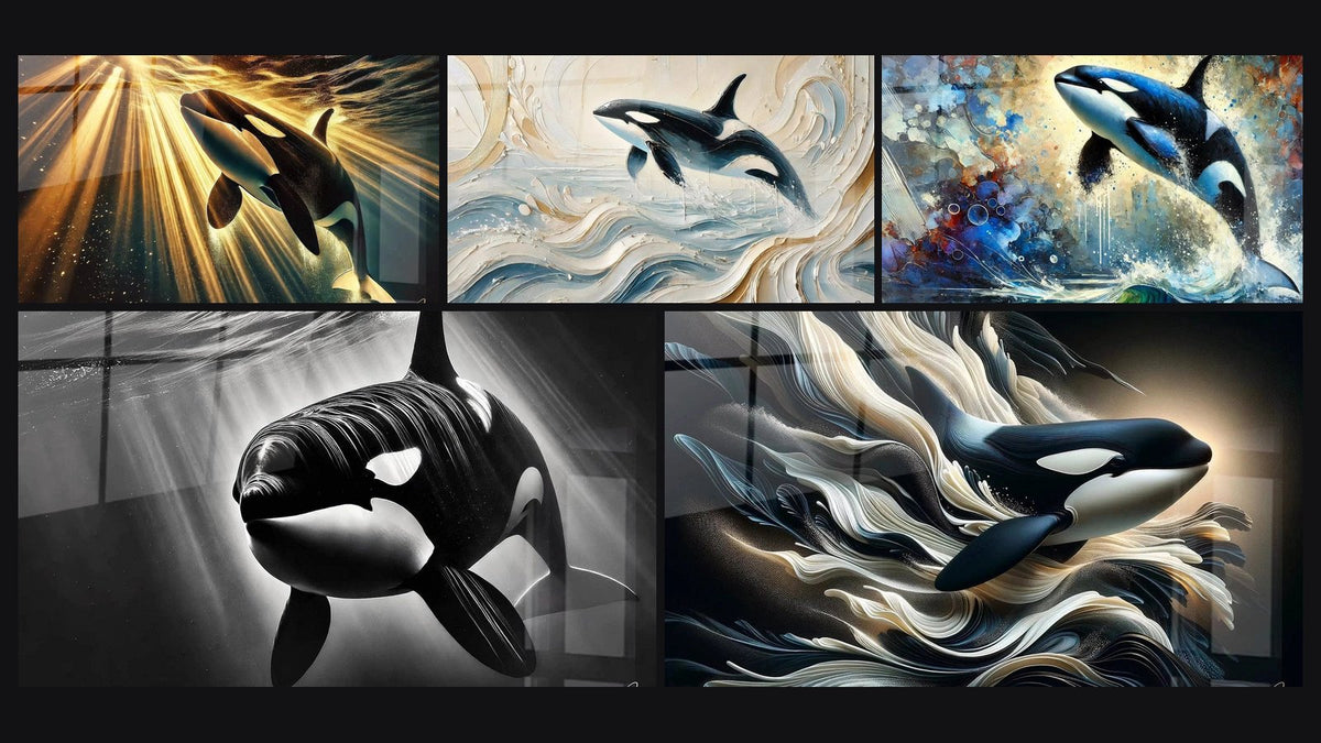 Mosaico di cinque quadri, tra cui Fluido e Luminoso, Coreografia Marina e Orca Stellare