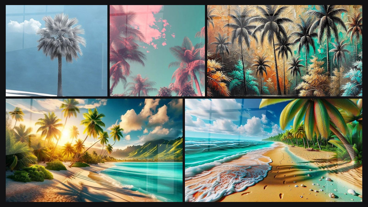 Mosaïque de cinq tableaux, dont Mirage Tropical, Brise Paradisiaque et Jungle de Couleurs