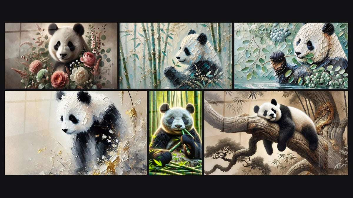 Mosaik aus sechs Gemälden, darunter Der Geschmack der Stille, Der Garten des Pandas und Kleine Wunderwerk