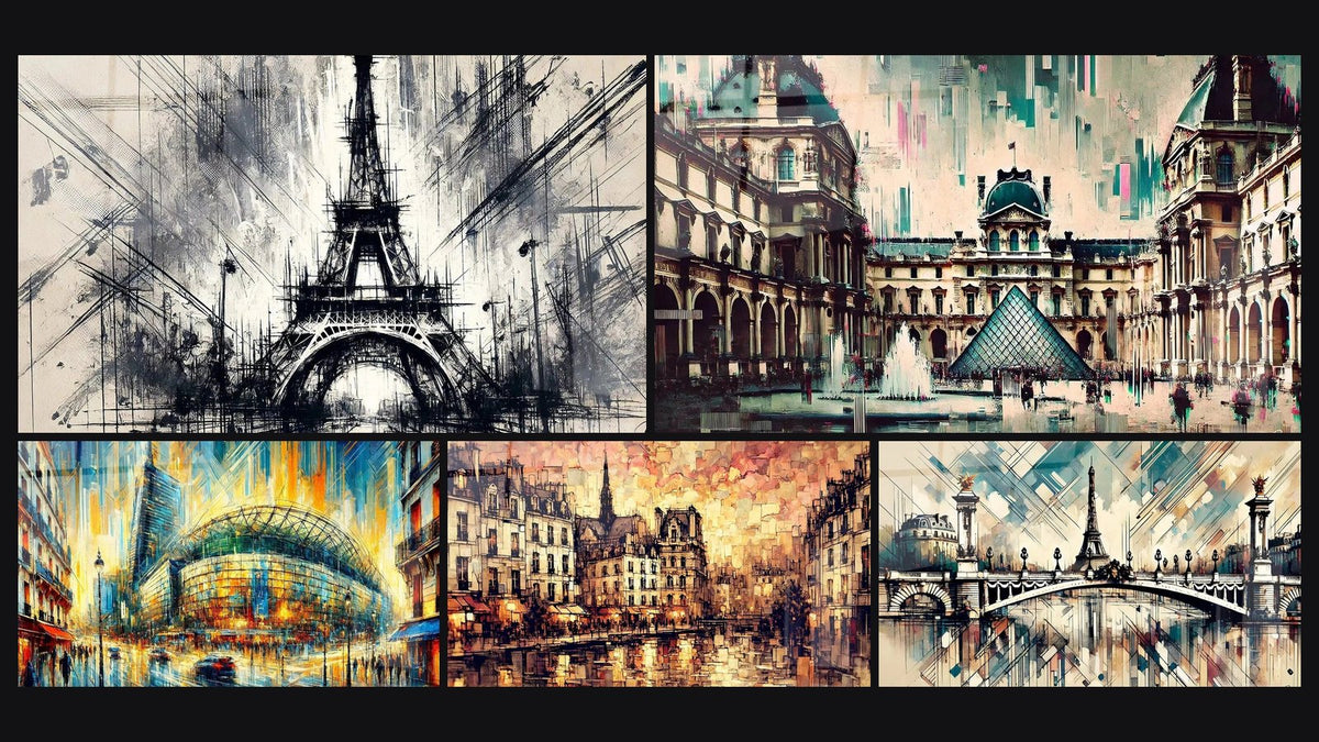 Mosaïque de cinq tableaux, dont Tour Eiffel N°2, Louvre N°3 et Bercy N°1