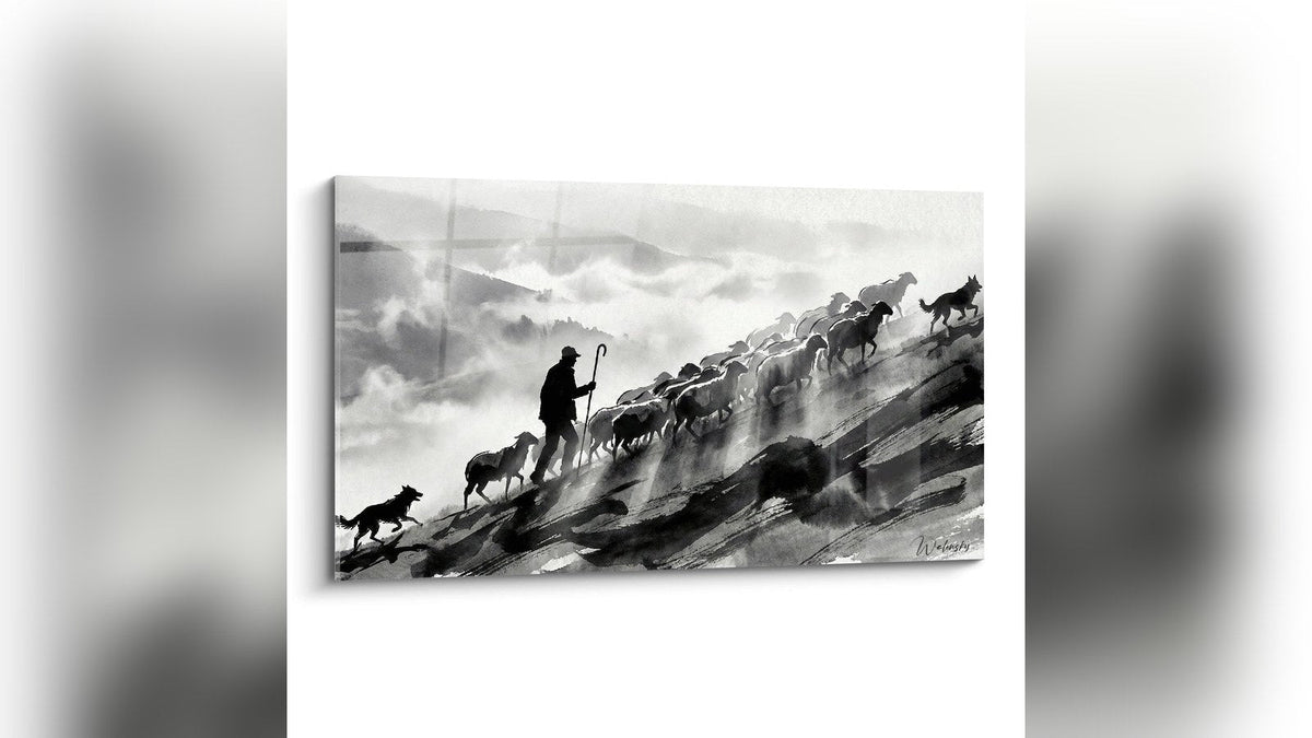 Tableau encadré sur un mur : Berger et Troupeau Monochrome à l'Encre