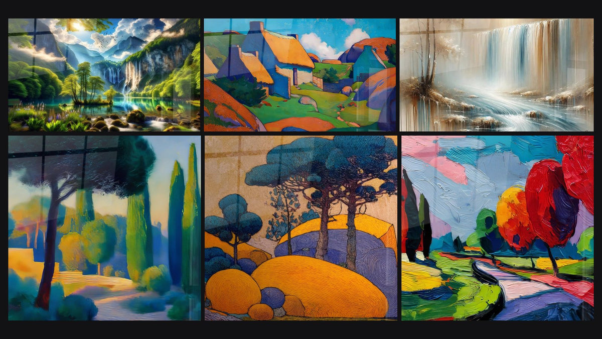 Mosaik aus sechs Gemälden, darunter Eden Grün mit Tausend Kaskaden und Mediterrane Landschaft