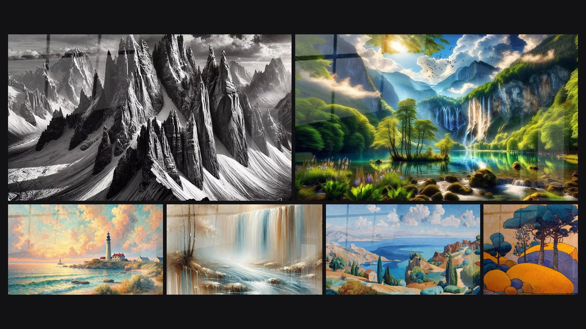 Mosaico di sei quadri, tra cui All'Ombra dei Giganti, Alba sul Faro e Eden Verde con Mille Cascate