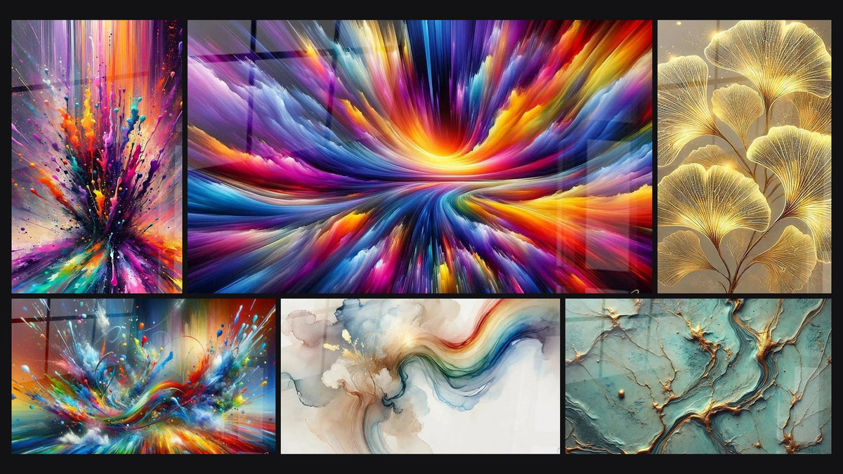 Mosaico di sei quadri, tra cui Nascita di una Stella Dipinta, Nascita di un Sole Policrome e Big Bang Artistico Brillante