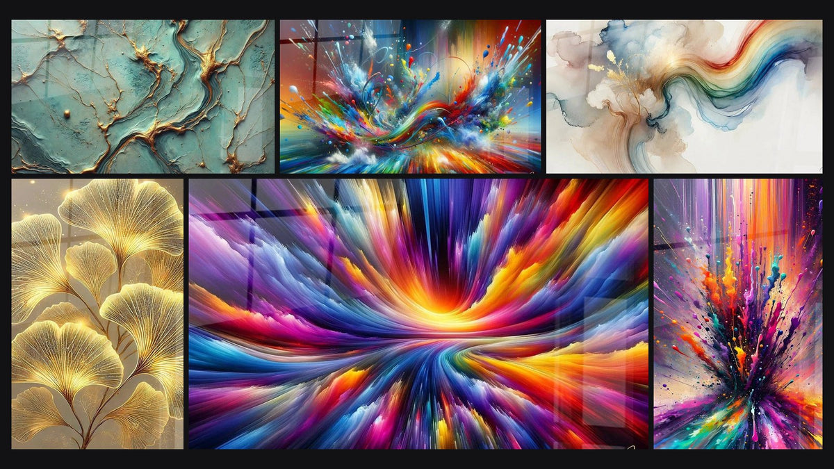 Mosaïque de six tableaux, dont Rivières d’Or, Big Bang Artistique Éclatant et Brillance Naturelle