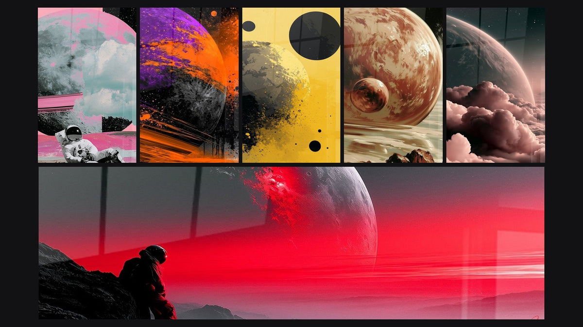 Mosaïque de six tableaux, dont Globe terrestre gris et jaune en éclats et Planète cuivrée et petite lune jumelle