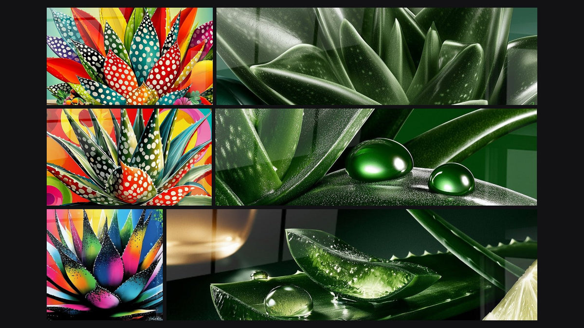 Mosaico di sei quadri, tra cui Aloe vera gigante con pois multicolori e Aloe vera con foglie verdi e rosse bombate