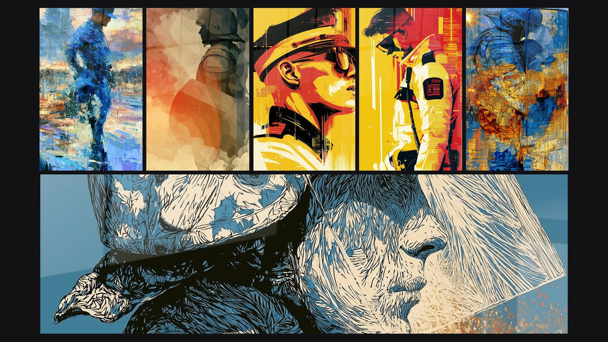Mosaico di sei quadri, tra cui Ufficiale Casco Giallo e Nero Intenso e Ufficiale con Talkie-Walkie Giallo e Rosso