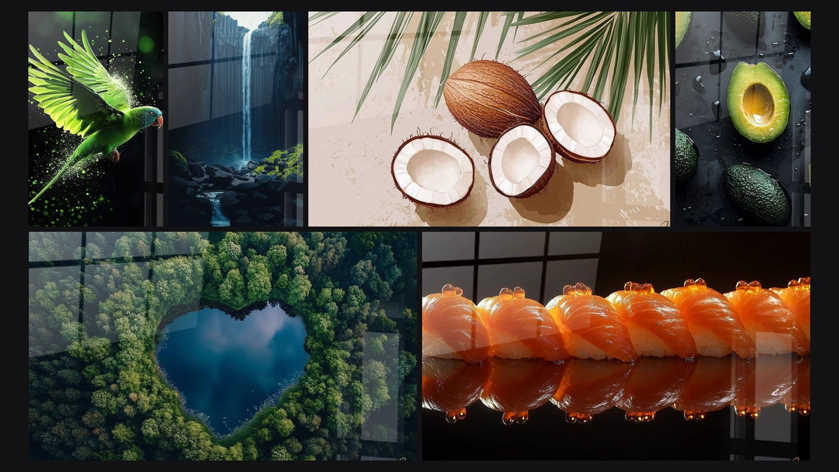 Mosaik aus sechs Gemälden, darunter Tafelsee Nr. 1 und Sushi-Wandbild Nr. 2