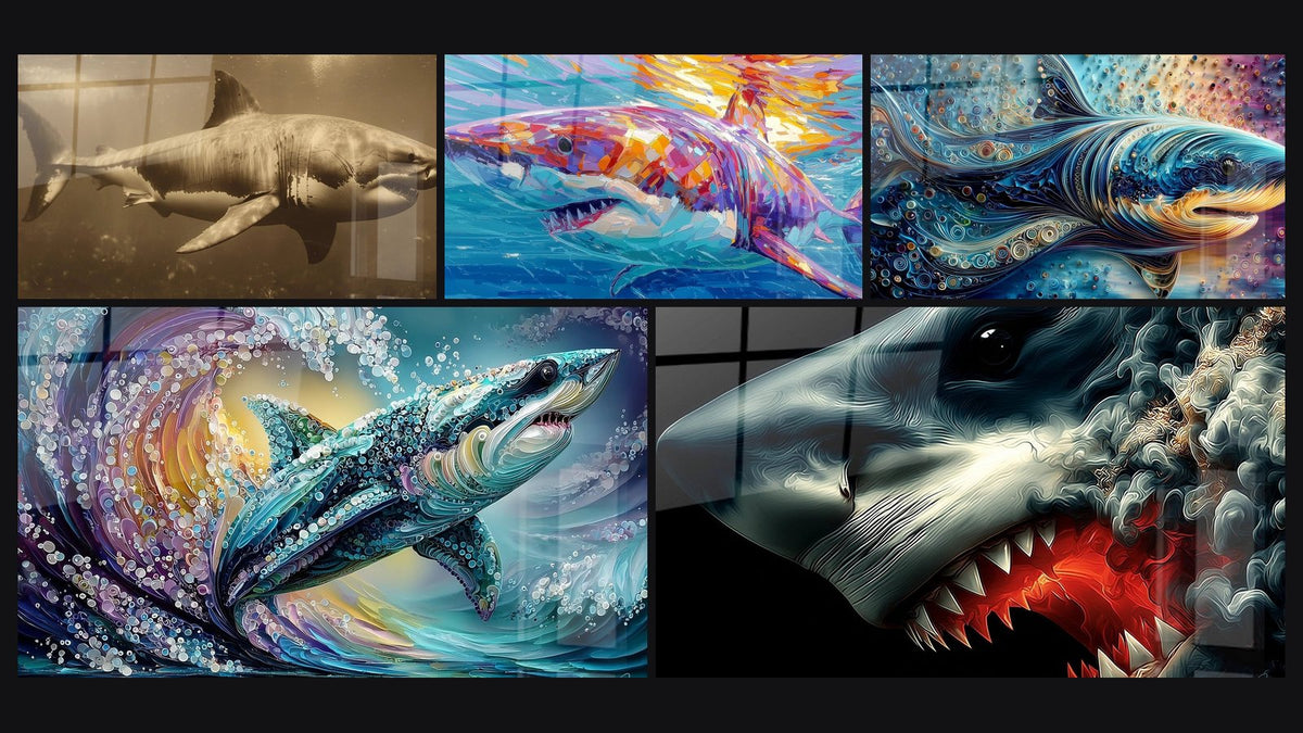 Mosaico di cinque quadri, tra cui Squalo Colorato, Mégalodon Stilizzata e Mégalodon Fantastico