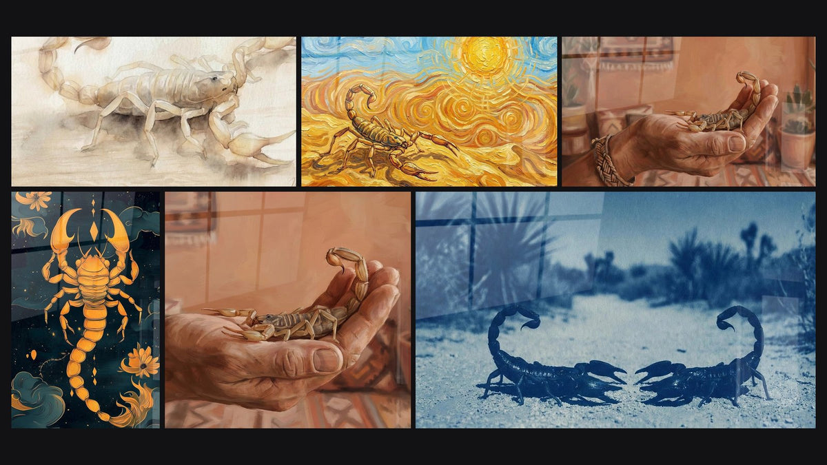 Mosaïque de six tableaux, dont Scorpion Aquarelle Beige et Ocre, Scorpion Doré sur Dunes Tourbillonnantes et Scorpion N°1