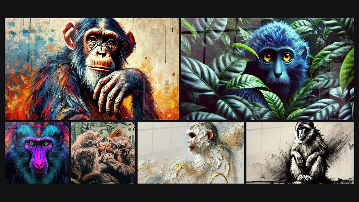 Mosaic of six paintings, including Animal Meditation, Spirit Colors and Monkey Wall Art Hypnotic Gaze