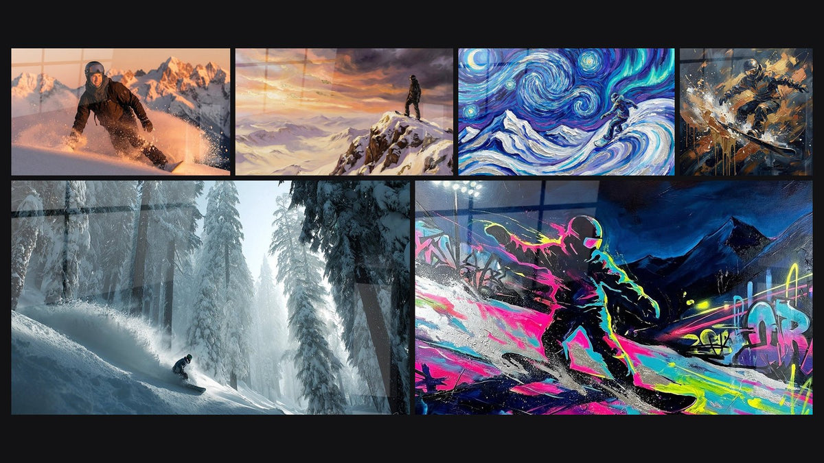 Mosaik aus sechs Gemälden, darunter Snowboarder Sonnenuntergang, Snowboarder Berg und Snowboarder Sternennacht