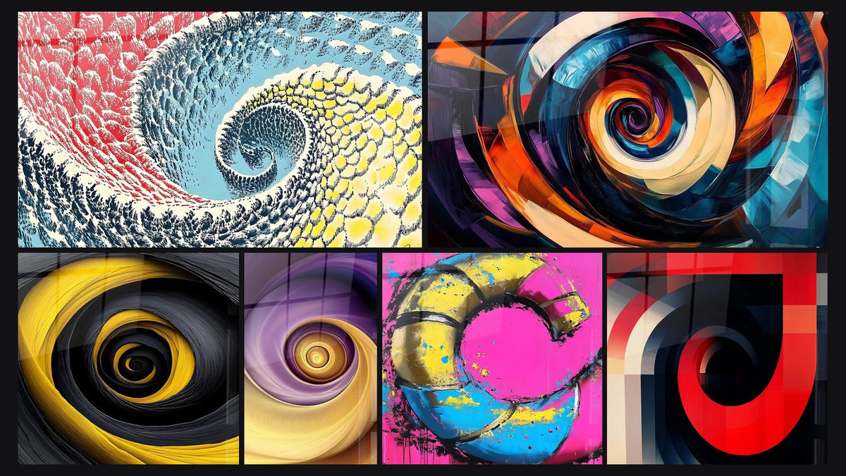 Mosaïque de six tableaux, dont Spirale colorée, Spirale dorée et noire et Spirale dorée et violette