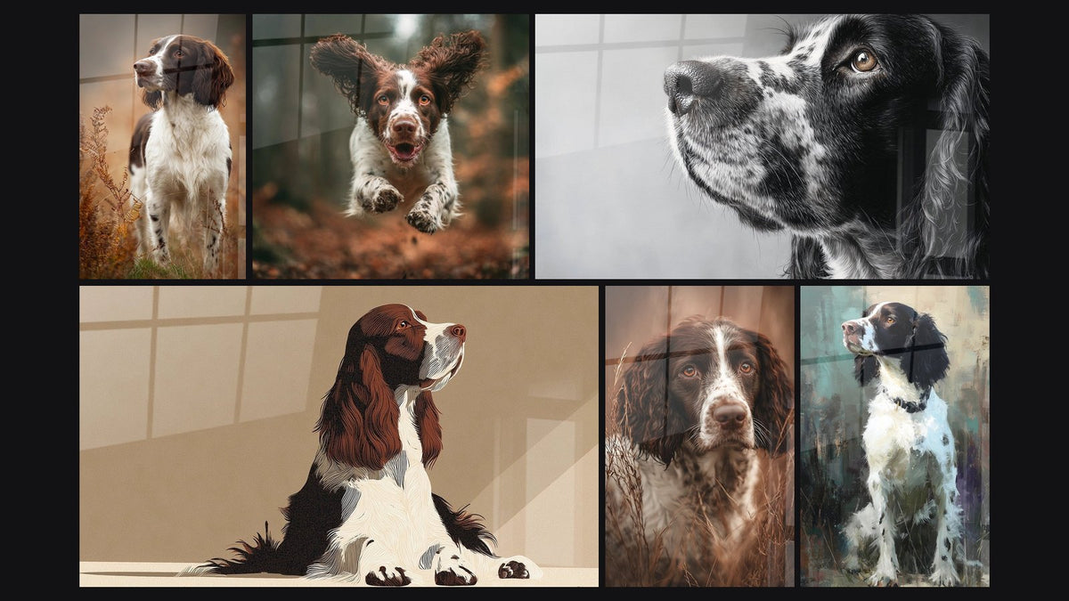 Mosaïque de six tableaux, dont Chien Bondissant aux Oreilles Volantes et Chien Assis Lumière Dorée