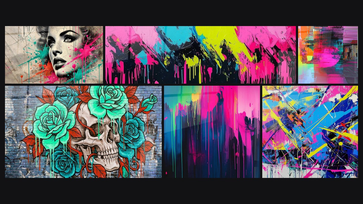 Mosaïque de six tableaux, dont Fragments d'Identité, Couleurs Rebelles et Éclat Fluo