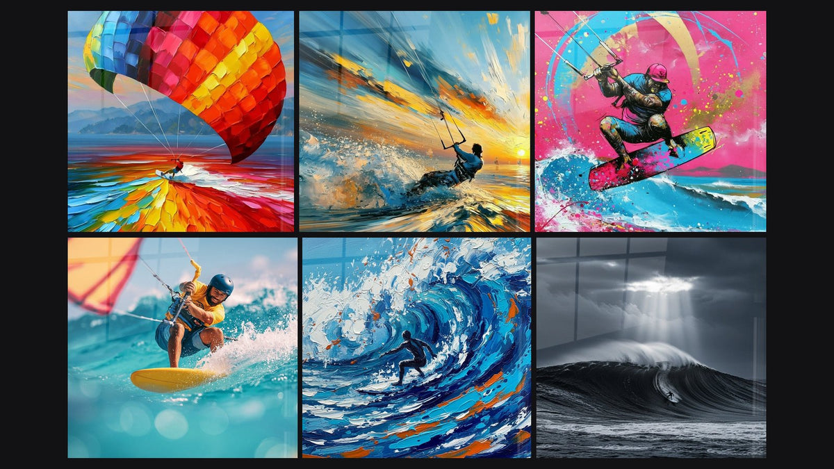 Mosaïque de six tableaux, dont Kitesurfeur aile bleue et orange sur mer et Kitesurfeur au coucher de soleil doré