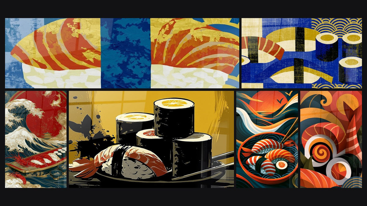 Mosaïque de six tableaux, dont Sushi bleu marine et doré graphique et Sushis empilés fond jaune moutarde et noir