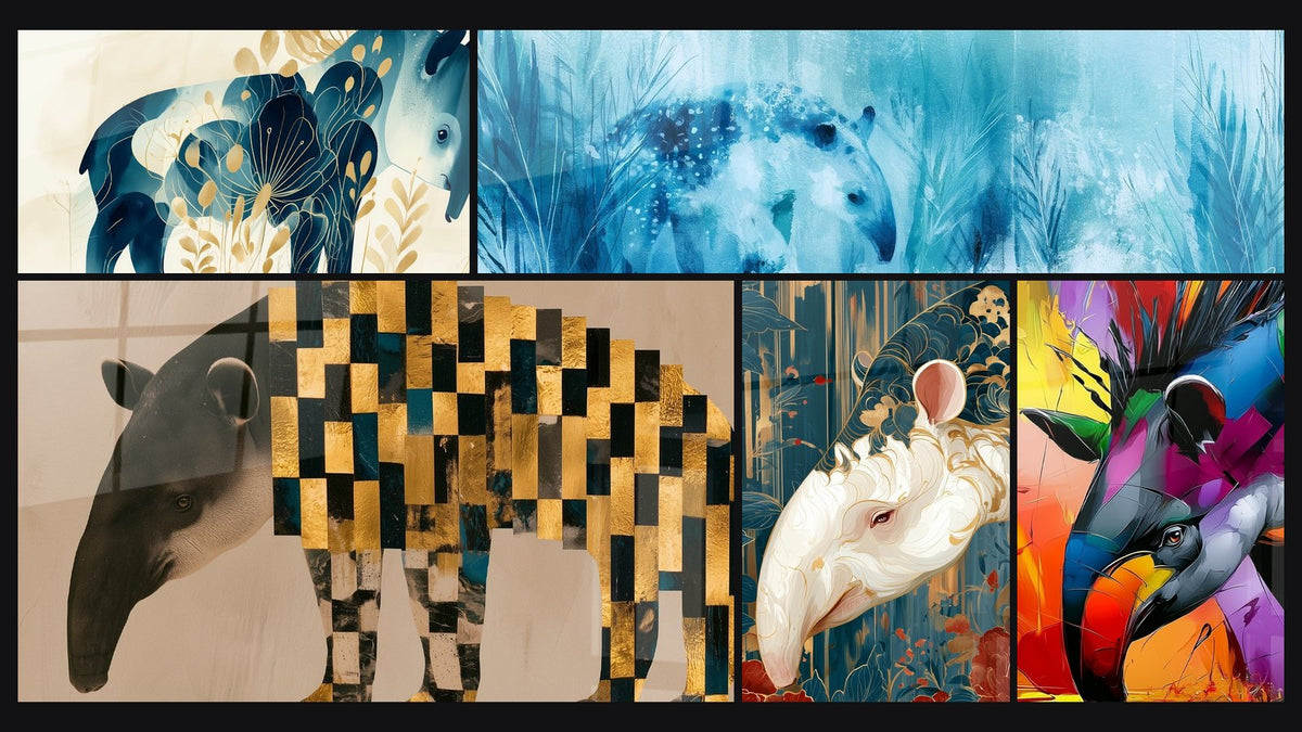 Mosaïque de cinq tableaux, dont Tapir bleu marine et doré fleuri et Tapir au corps mosaïque doré et bleu