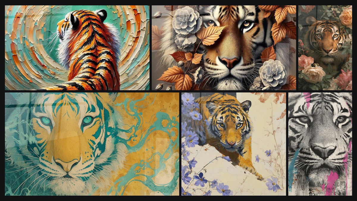 Mosaik aus sechs Gemälden, darunter Die Seele des Raubtieres, Der Geist des Grases und Tigerbild mit Pastellrosen