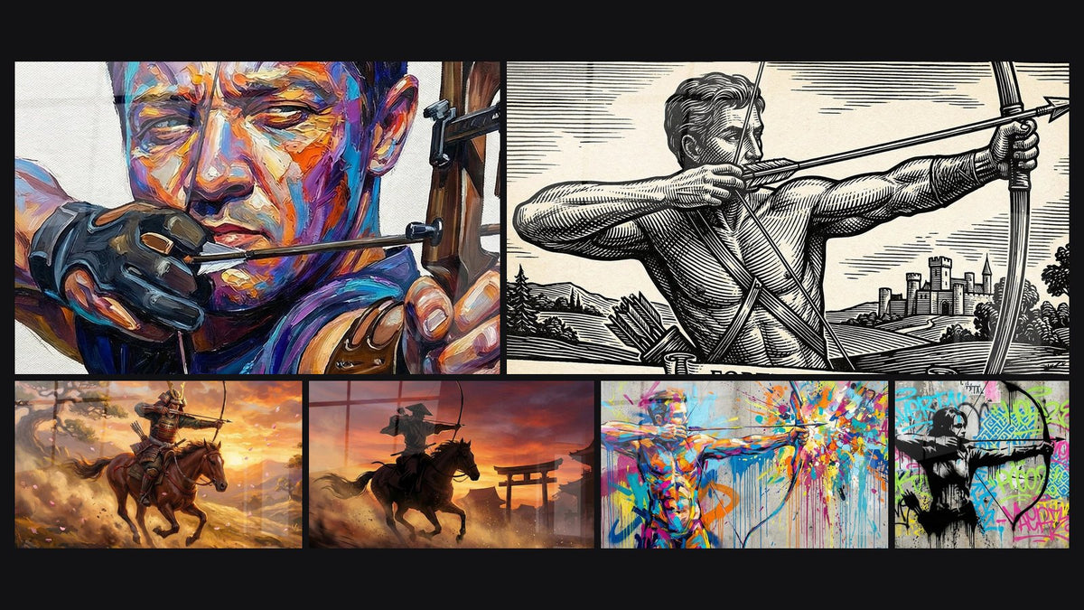 Mosaïque de six tableaux, dont Archer Concentration, Archer Samouraï à Cheval et Archer Samurai à Cheval
