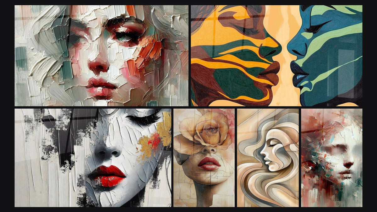 Mosaïque de six tableaux, dont A fleur de peau, Beauté inachevée et Beauté Fanée -Édition Visage Abstrait