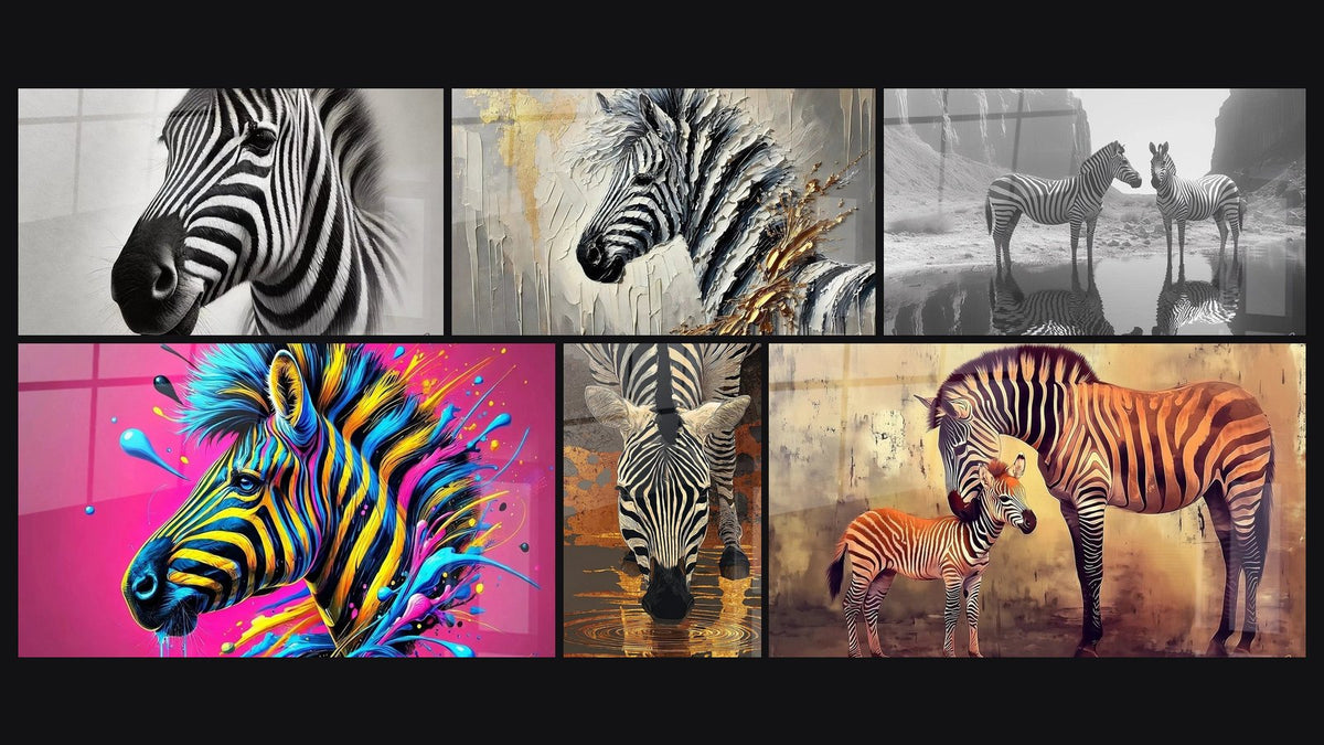 Mosaïque de six tableaux, dont Simplicité Rayée, Sérénité Colorée et Rayures en Or