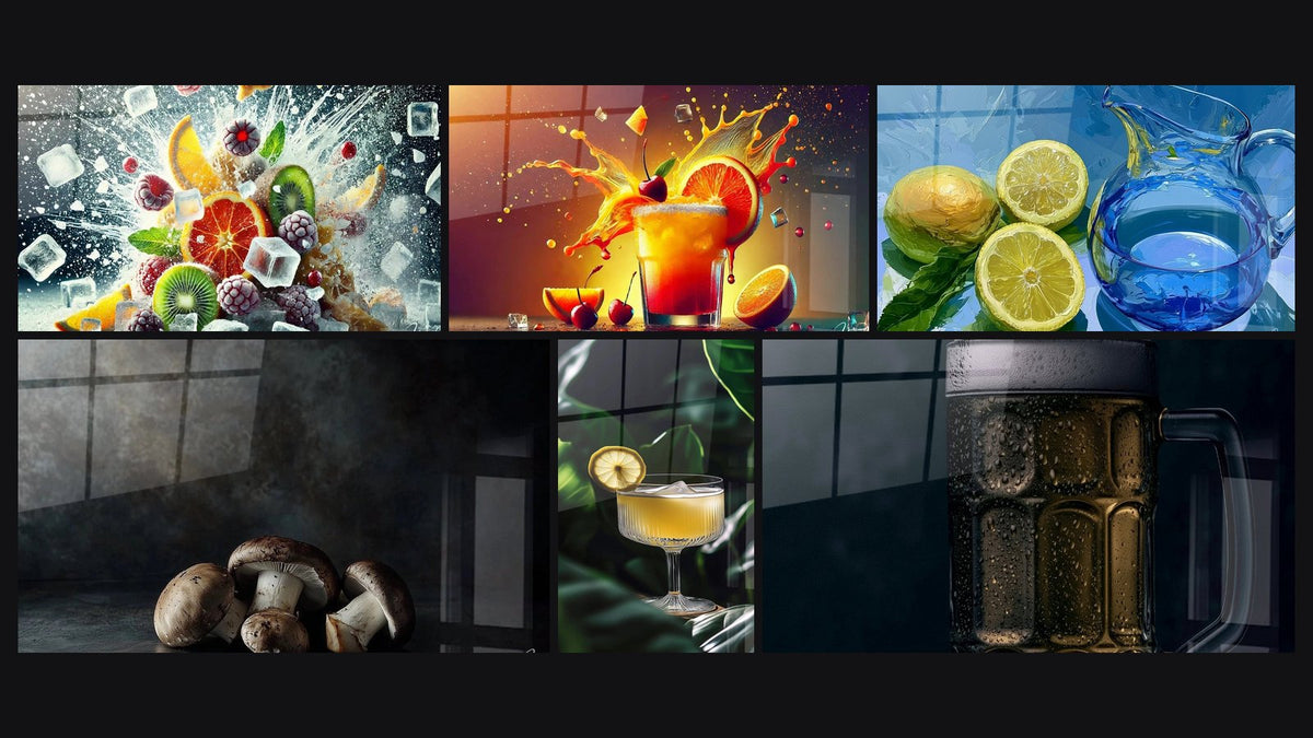 Mosaïque de six tableaux, dont Cocktail Glacial, Champignon N°1 et Cocktail N°2