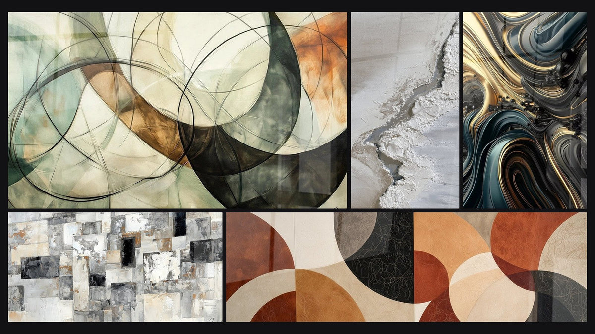 Mosaico de cinco cuadros, entre ellos Los Lazos Invisibles, Abstracto Mosaico Gris y Beige y Ondulaciones Opulentas