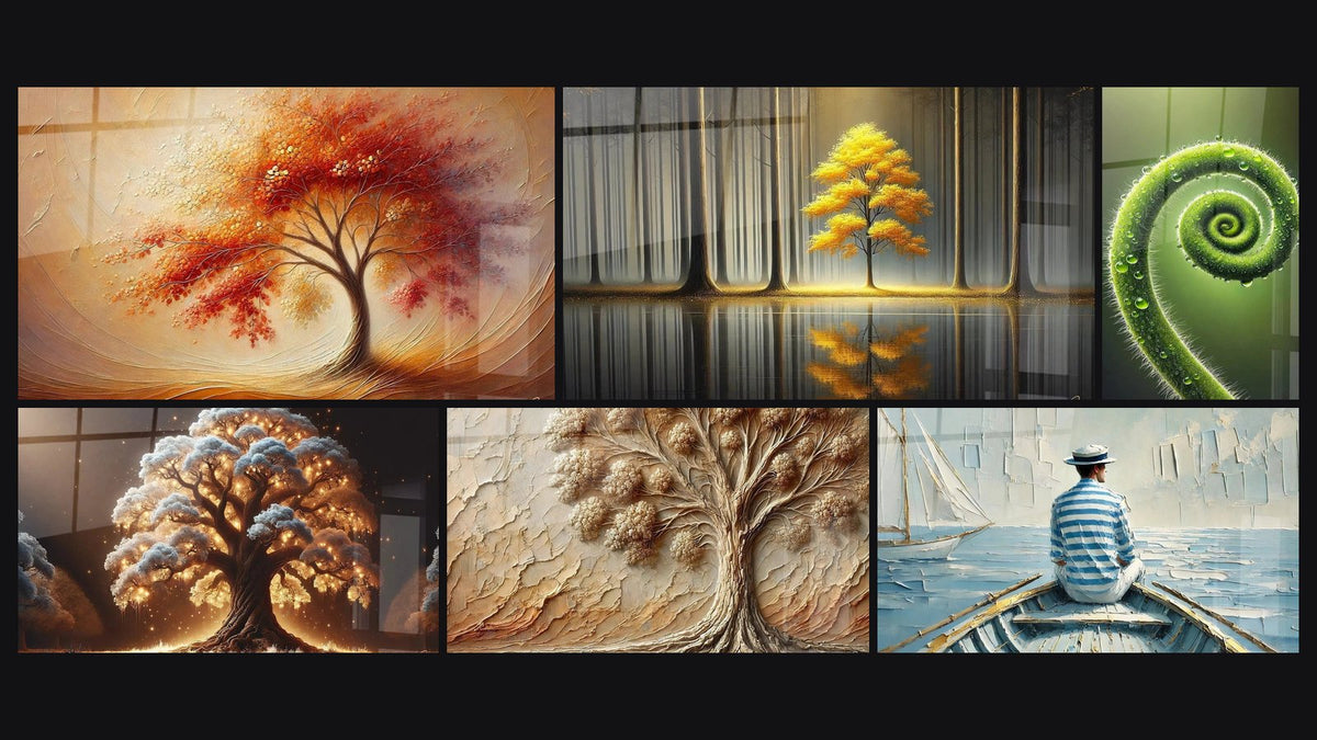Mosaïque de six tableaux, dont Danse des Saisons, Arbre de Nuit et Arbre d'Antan