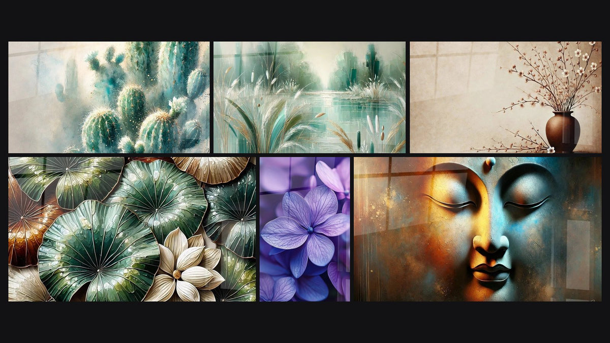 Mosaic of six paintings, including Resilient Beauty, Landscape wall art N°1 and Natural Harmony