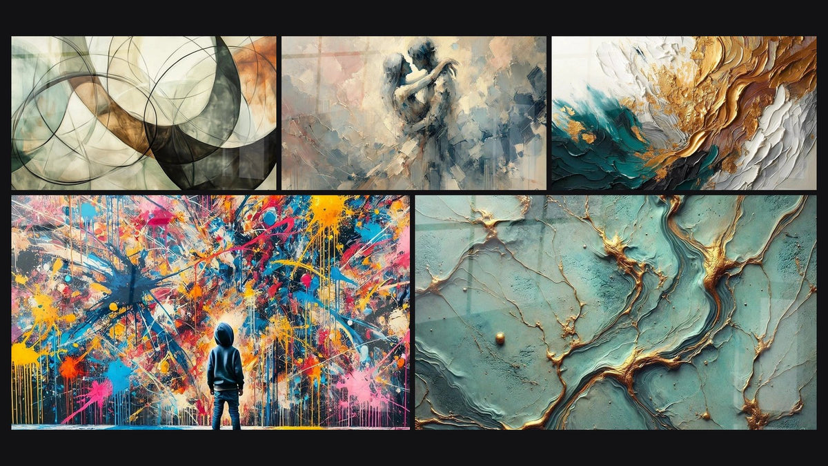 Mosaico di cinque quadri, tra cui I Legami Invisibili, Schizzi di Pittura e Tra Noi