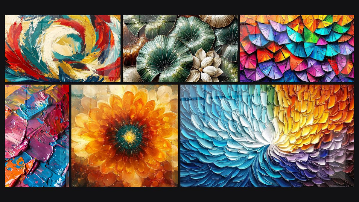 Mosaik aus sechs Gemälden, darunter Kosmische Metamorphose, Garten der Reflexionen und Mehrfarben-Acrylmalerei