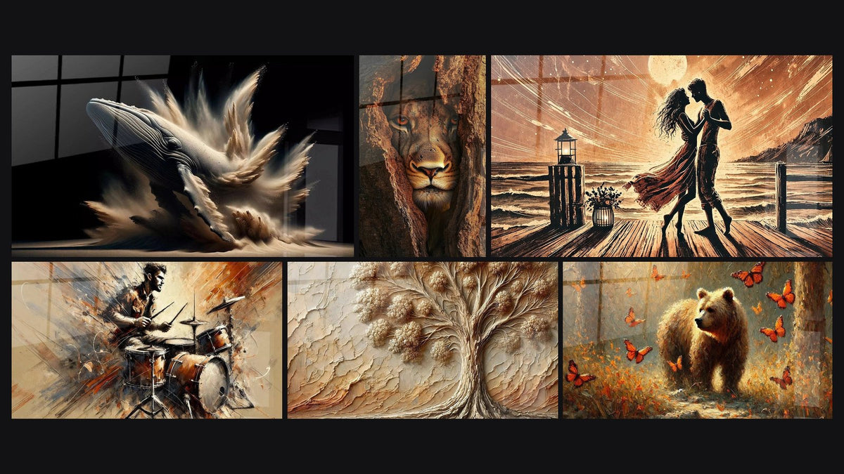 Mosaico de seis cuadros, entre ellos La ballena de Elise, Leona N°2 y Batería N°2