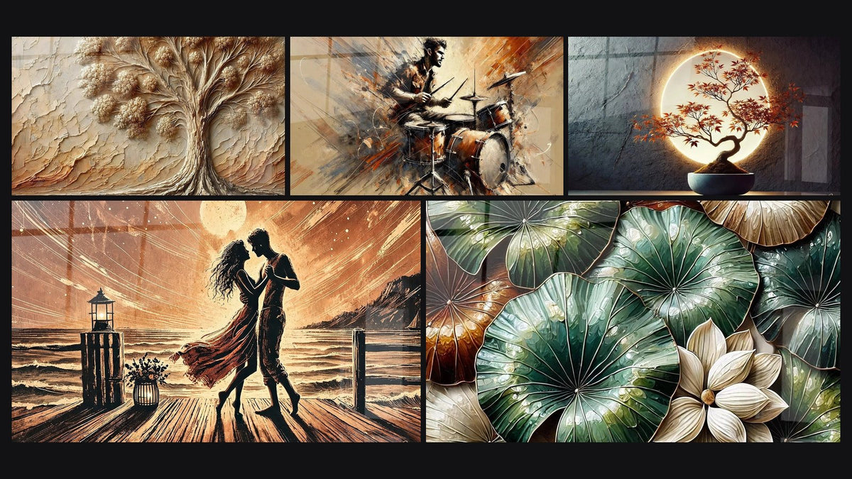 Mosaico di cinque quadri, tra cui Albero di Antan, Tra Luce e Ombre e Batteria N°2