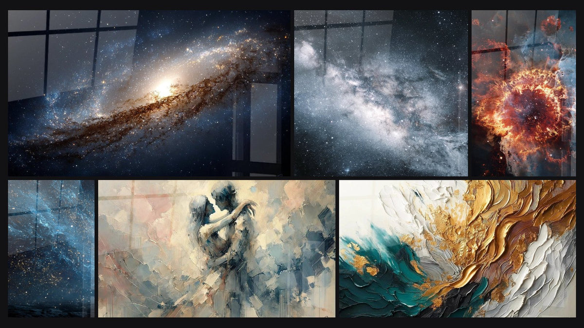 Mosaico de seis cuadros, entre ellos Galaxia Espiral, Vía Láctea y Nebulosa planetaria