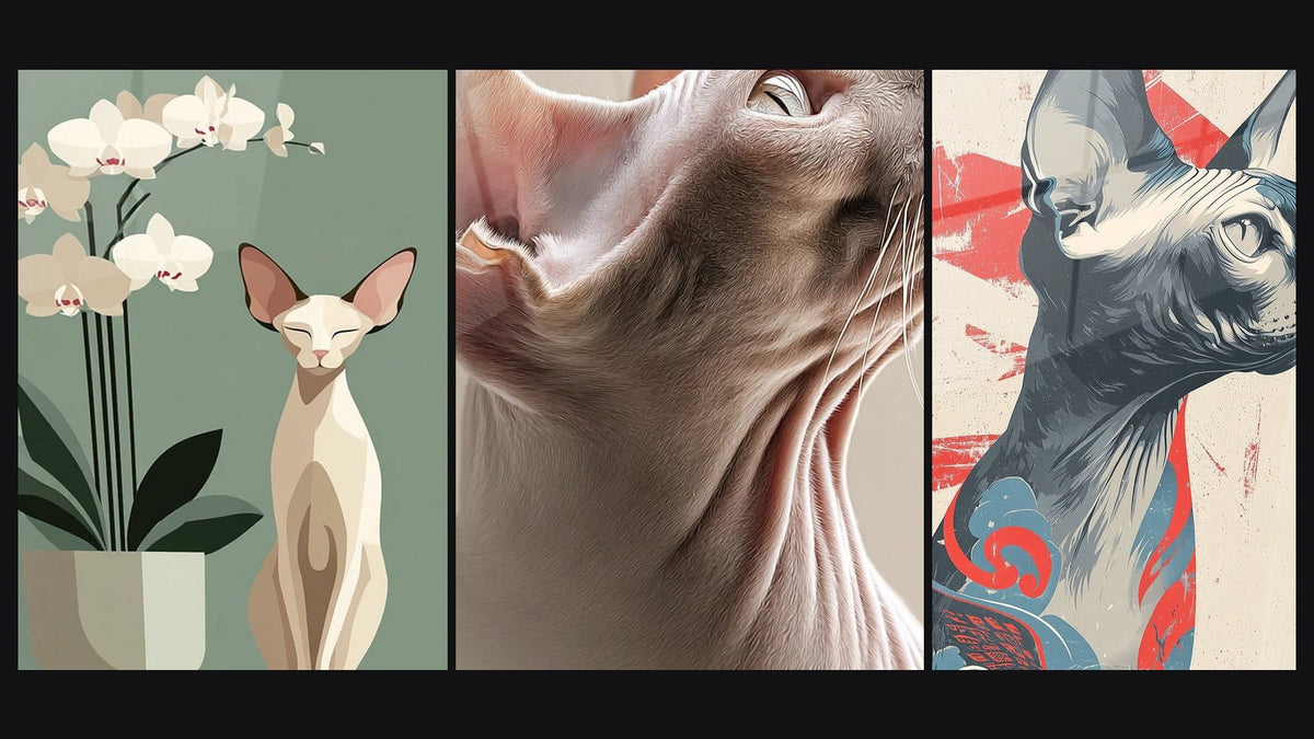 Mosaico di tre quadri, tra cui Chat Sphynx e Orchidee e Profilo Chat Sphynx