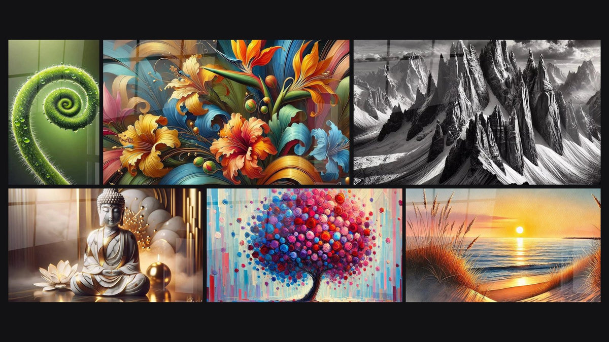 Mosaïque de six tableaux, dont Spirale de Vie, Paix Marbrée et Arbre de Joie