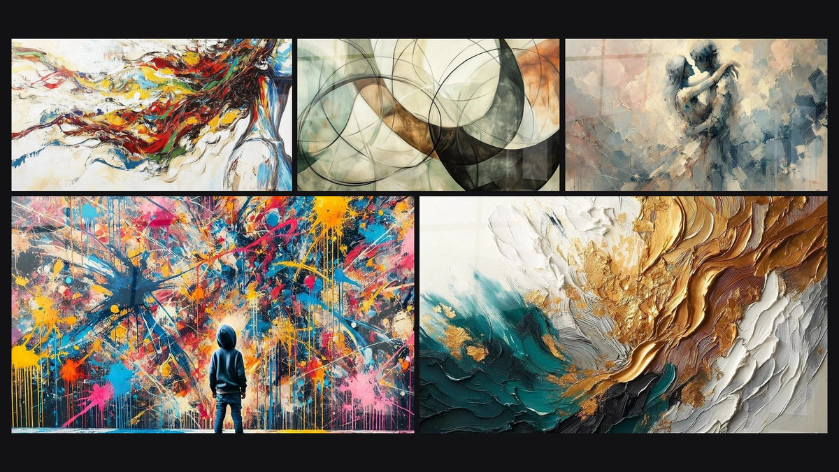 Mosaïque de cinq tableaux, dont Muse Moderne, Les Liens Invisibles et Éclats de Peinture