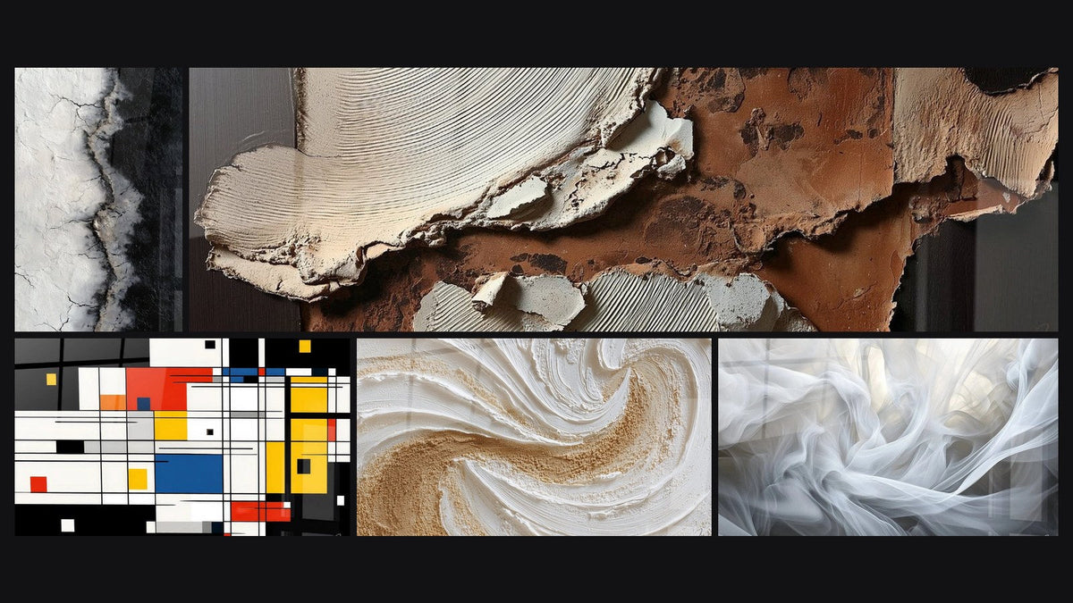 Mosaico de cinco cuadros, entre ellos Texturas abstractas tierra y blanco roto y Composición geométrica colorida
