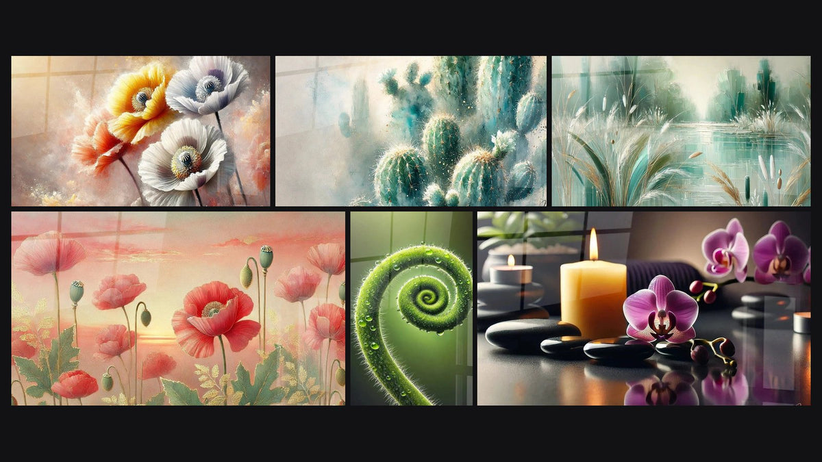 Mosaïque de six tableaux, dont Beauté Éphémère, Beauté Printanière et Beauté Résiliente