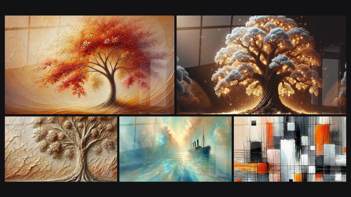 Mosaico di cinque quadri, tra cui Danza delle Stagioni, Albero della Notte e Albero di Antan