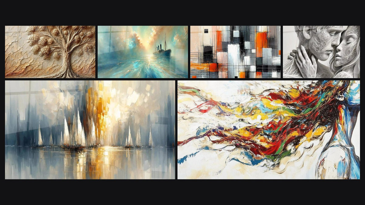 Mosaïque de six tableaux, dont Arbre d'Antan, Au Cœur de la Brise et Mécanique des couleurs